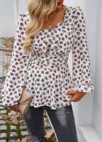 Top floral de manga larga para mujer, camiseta elegante con cuello cuadrado para ropa juvenil - details 4