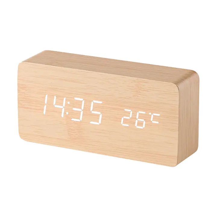 Reloj despertador Digital de madera con 3 configuraciones de alarma y 3 niveles de brillo, pantalla LED electrónica de hora - 1