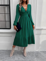Vestido largo elegante de color sólido con cuello en V para otoño e invierno - details 24