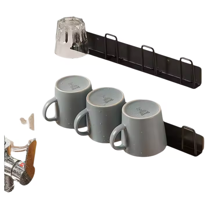 Soportes montados en la pared de 2 piezas, café sin perforación, estante para tazas con 4 estantes para tazas, soportes para tazas para cocina, sala de estar, oficina - 1