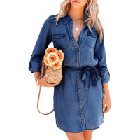 Vestido de mezclilla informal para mujer, Vestido corto de manga larga de Color sólido con solapa abotonada y cinturón - details 0