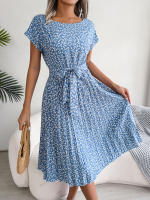Spring Summer Women Short Sleeve Pleated Long Dress Elegant High Waist Floral Fashion A-line Dress - details 4