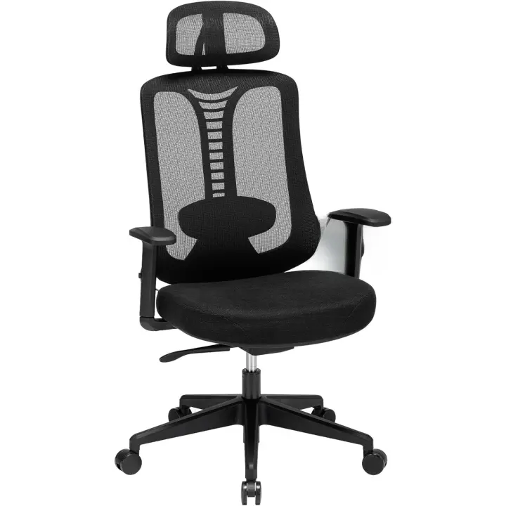 Silla de Escritorio Ajustable de 4 Engranajes, reposacabezas 3D y cómoda Silla de computadora con reposabrazos (Negro) - 1