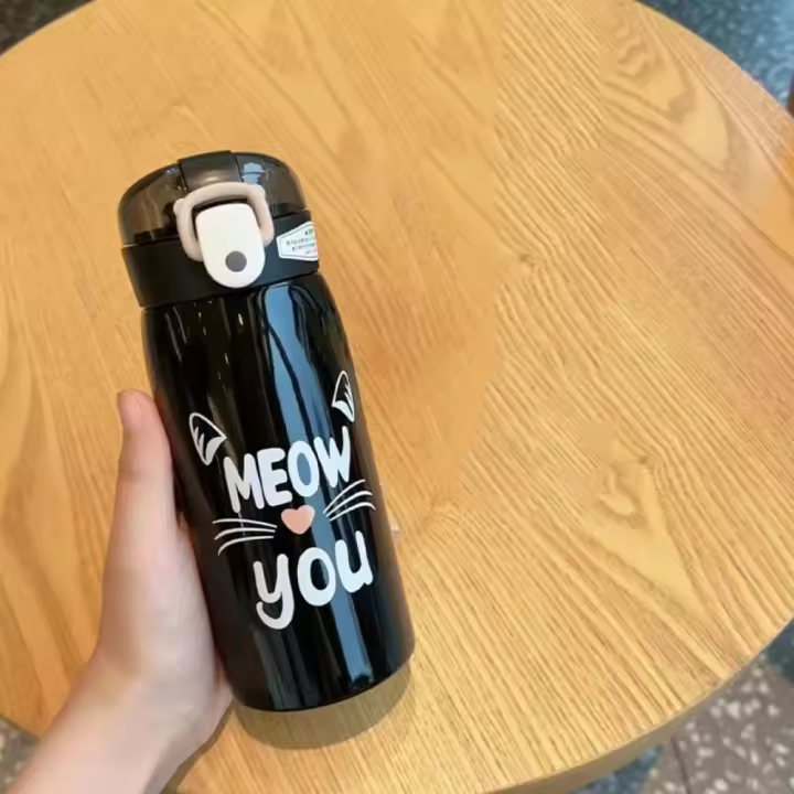 Bonita botella de agua térmica de gato de dibujos animados de 350ml/500ml, diseño de paja, termo a prueba de fugas, vaso aislado de acero inoxidable para coche - 1