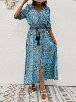 Novedad de verano, vestido bohemio de viaje para vacaciones y playa con cuello en V y mangas tres cuartos con mangas acampanadas y lazo en la cintura - details 9