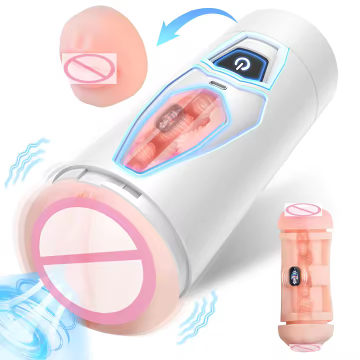 Masturbadores automáticos masculinos 2 en 1 de doble cabeza, copa vibradora, mamada, vagina de bolsillo, simulación de vagina, masturbador vaginal, extensión de entrenamiento, juguetes sexuales masculinos para adultos - 1