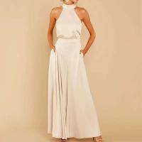 Mono de Pantalones Grandes Piernas para Mujer Ouwu Mono Halter con Lazo en Espalda de Color Sólido - details 2