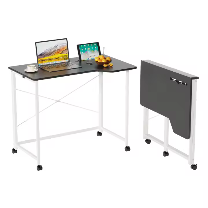 Rcynview Escritorio Plegable, Escritorio para Computadora con Ruedas, Mesa Plegable con Ranuras para Tarjetas, Ahorro de Espacio y Móvil, Adecuado para Oficina en Casa y Estudio (Color Blanco, 90 x 56 x 76 cm) - 1
