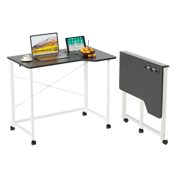 Rcynview Escritorio Plegable, Escritorio para Computadora con Ruedas, Mesa Plegable con Ranuras para Tarjetas, Ahorro de Espacio y Móvil, Adecuado para Oficina en Casa y Estudio (Color Blanco, 90 x 56 x 76 cm) - 1