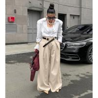 Pantalones largos cómodos nuevos elegantes y elegantes de cintura alta para primavera y otoño de pierna ancha de color caqui para mujer - details 1
