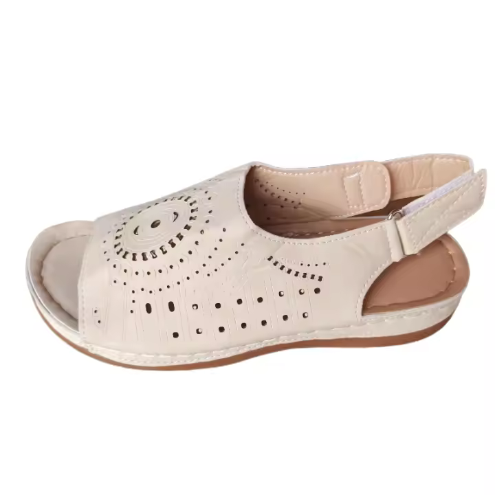 Sandalias planas huecas para mujer con correa en el tobillo de color liso y sin apertura deslizante, sandalias retro para exteriores - 1