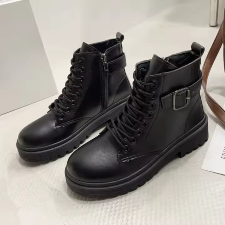 Botas Martin de talla grande para mujer, zapatos de tacón grueso, estilo británico, hebilla de cinturón, cordones, informales, botas cortas de terciopelo - 1