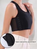 Sujetador deportivo de alto soporte para mujer, tejido de punto de poliéster de color liso, detalle de malla de contraste, sin relleno, ideal para yoga y gimnasio, estilo lencería de verano - details 11