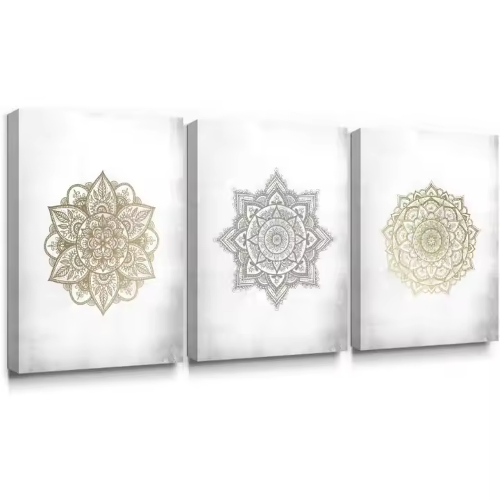 Arte Mandala Dorado Gris Decoración de Pared de Estilo Indio para Dormitorio, Sala de Estar, Baño - 1
