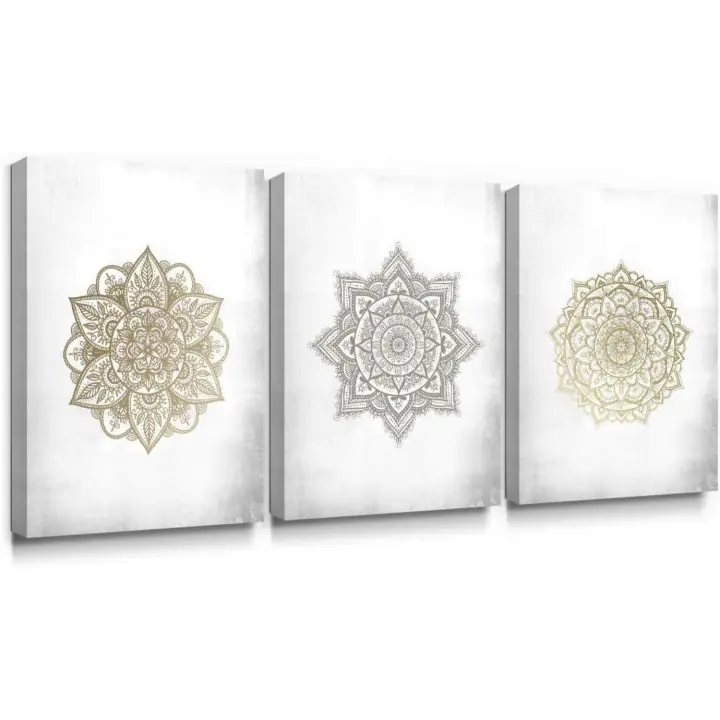 Arte Mandala Dorado Gris Decoración de Pared de Estilo Indio para Dormitorio, Sala de Estar, Baño - 1