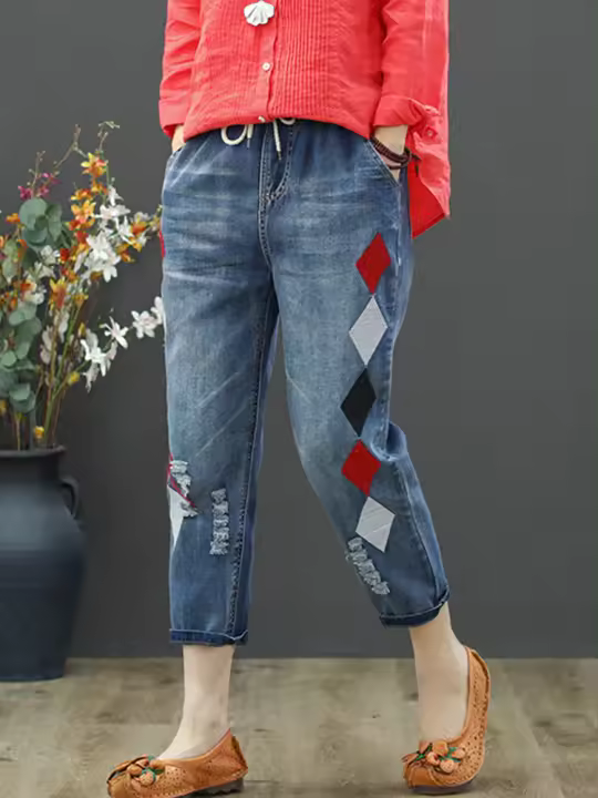 Vaqueros Elegantes de Verano para Mujer 2023 Diseño Bordado Holes Sueltos y Elásticos Pantalones Harem Pinchas de Algodón Denim Rasgado Vintage para Mujer Apto para Primavera/Verano - 1