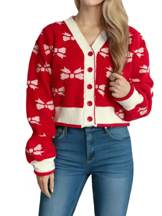 Novedad de moda, manga suelta, cuello en V, tejido con lazo - 1
