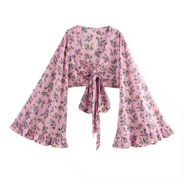 OUWU- 2025 Tops de Playa Bohemios con Cordones, Estampado Floral, Manga Trompeta, Tops Cortos, Camisas Casuales, Blusa - 1