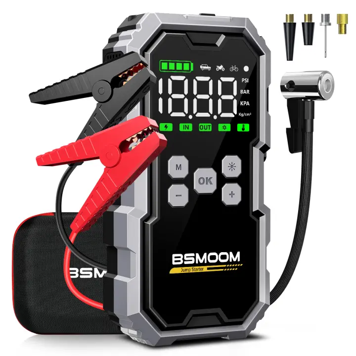 Arrancador de batería para automóvil con compresor de aire, paquete de batería de arranque de automóvil portátil de 150PSI 7000A (gasolina completa/10.0L diésel), arrancador de batería para automóvil de 12 V con pantalla, línea de salto inteligente, 2 luc - 1