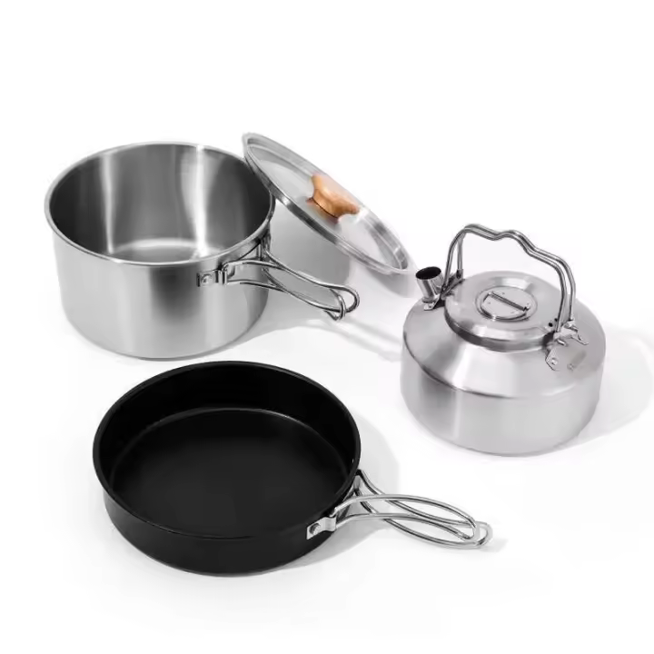 Utensilios de cocina para acampar, juego de acero inoxidable para senderismo, villa de picnic portátil, olla, sartén, juego de hervidor de cocina al aire libre - 1