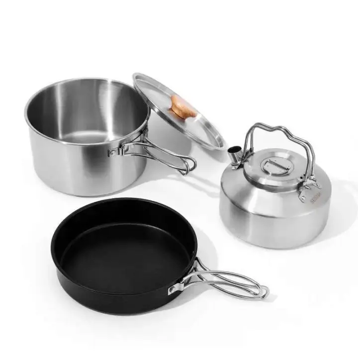Utensilios de cocina para acampar, juego de acero inoxidable para senderismo, villa de picnic portátil, olla, sartén, juego de hervidor de cocina al aire libre - 1
