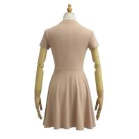 Vestido básico de manga corta de color sólido ajustado de estilo europeo y americano para mujer con cintura y cuello medio alto delgado Empalme de una palabra falda de swing grande - details 3