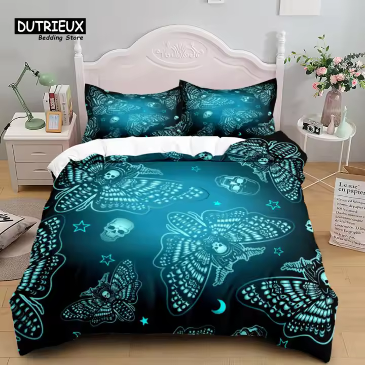 Juego de funda nórdica con calavera de cuervo pintado a mano, juego de cama, funda nórdica suave y cómoda y transpirable, para decoración de habitación de invitados y dormitorio - 1
