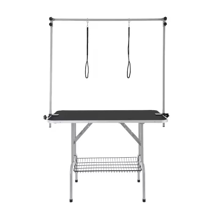SucceBuy Mesa de aseo para mascotas con dos brazos y abrazadera, 117 cm, plegable para perros medianos y pequeños, 2 soportes sin asiento, rodamiento de 149,7 kg - 1