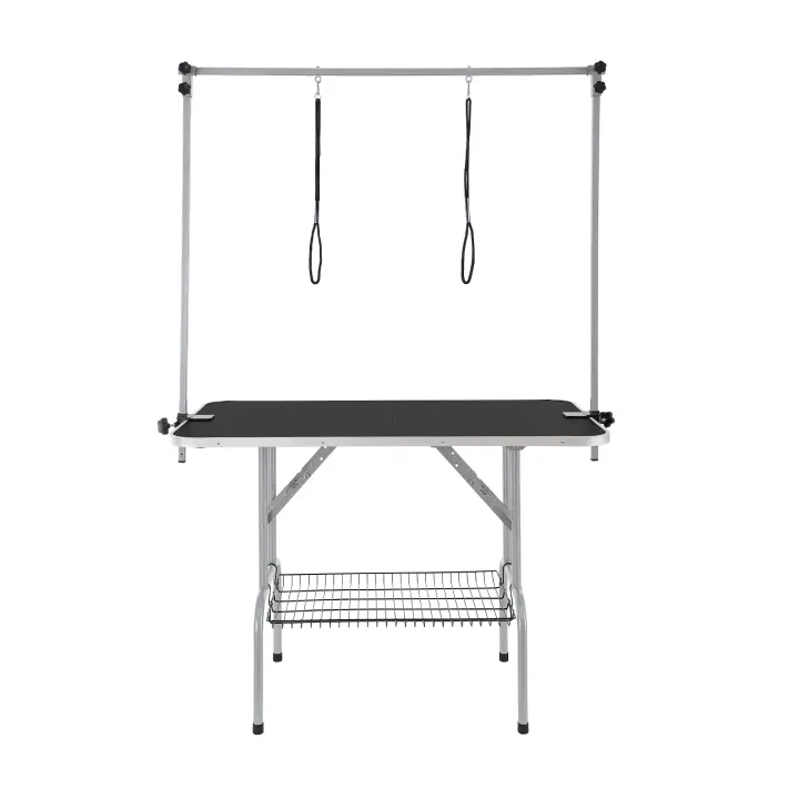 SucceBuy Mesa de aseo para mascotas con dos brazos y abrazadera, 117 cm, plegable para perros medianos y pequeños, 2 soportes sin asiento, rodamiento de 149,7 kg - 1