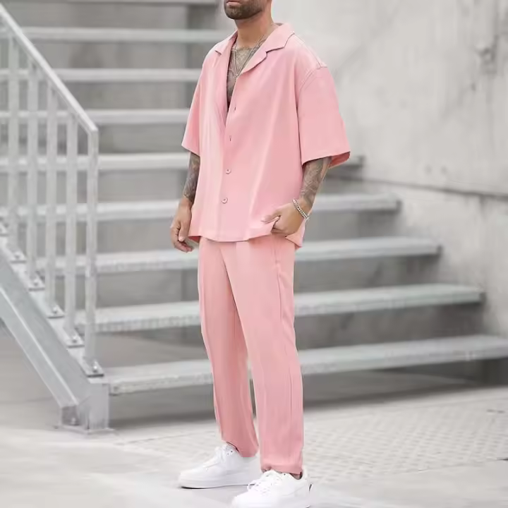 Ohsisa 2025 camisa de verano pantalones casuales conjunto de dos piezas gran oferta nuevo traje de moda delgado de Color sólido para hombres - 1