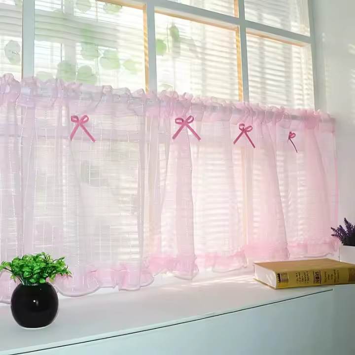 Cortinas de Tul Transparentes Rosa Cortas a Cuadros para Cocina Cubren Ventanas y Puertas - 1