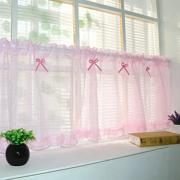 Cortinas de Tul Transparentes Rosa Cortas a Cuadros para Cocina Cubren Ventanas y Puertas - 1