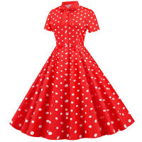Polka dot print women summer short sleeve striped bow elegant vintage 50s party dress - details 30