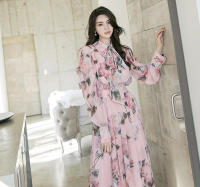 BGTEEVER-vestido de gasa con estampado Floral para mujer, traje elegante de manga larga con cuello de lazo, cintura ajustada, primavera y otoño - details 10
