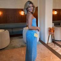 Conjunto de Denim con Lentejuelas BKQU Pantalones de Pierna Ancha y Top de Tanque con Corset sin Correas para Mujeres Outfit de Fiesta de Lujo para Clubes - details 32