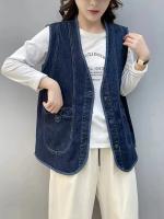 Chaleco de Mezclilla Vintage para Mujeres Masss Wasss 2024 Primavera Sin Mangas Moda Clásica Suelta Casual Cuello en V Cintura con Botones Blanco - details 4