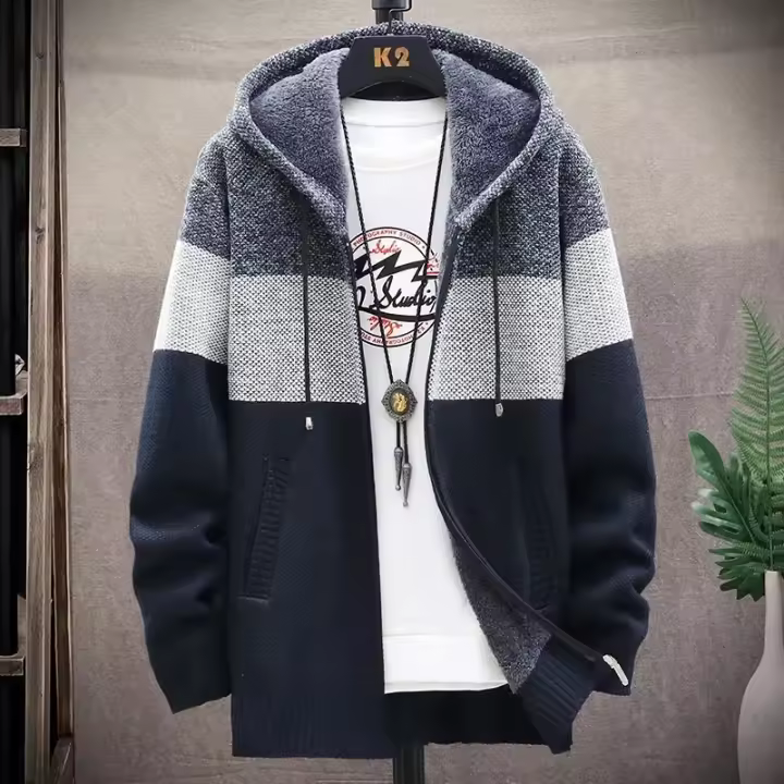 Suéter de invierno para hombre, cárdigan de terciopelo con cuello alto, informal, con cremallera, grueso y cálido - 1
