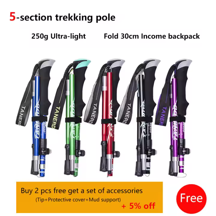 Bastón de Trekking plegable portátil para exteriores, bastón de senderismo para acampar de 5 secciones, telescópico nórdico para ancianos - 1