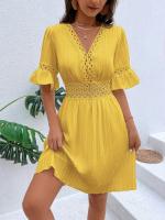 Vestido Blanco Puro de Verano Cintura de Encaje con Parche de Moda Cuello en V Manga Corta - details 8
