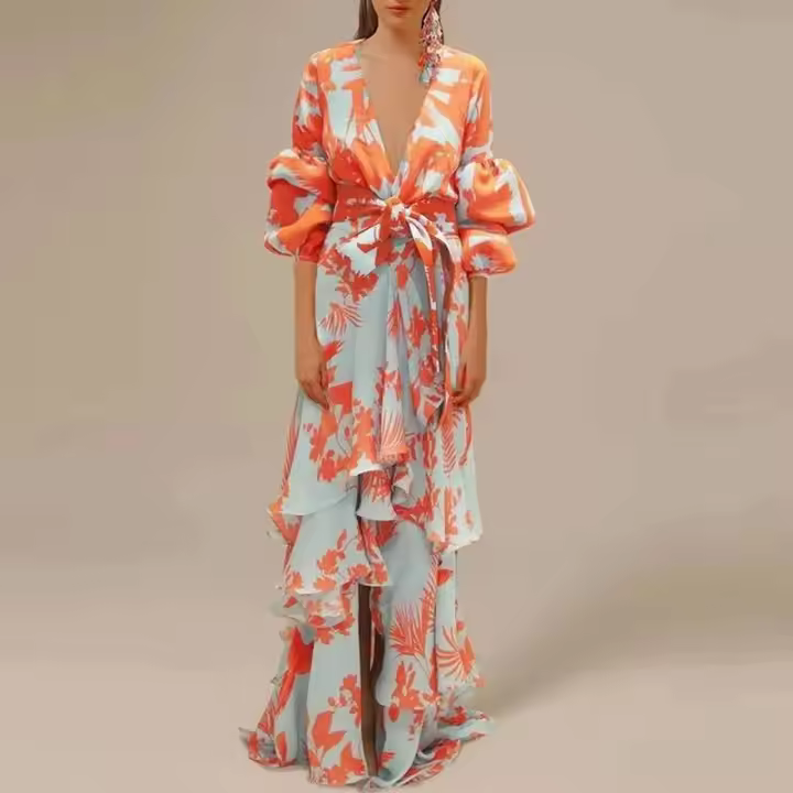 Vestido Bohemio Irregular con Cintura Empacada Cuello en V Profundo, Manga de Farol, Largo con Lazo de Moda para Mujeres - 1