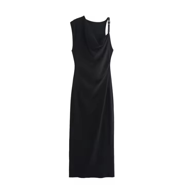 Vestido Largo Plisado Negro para Mujer, Sin Mangas, Perfecto para Hasta la Rodilla, Moda de Verano 2025 - 1
