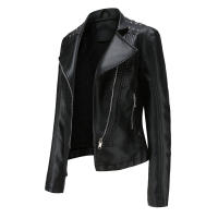 Chaqueta de motociclista de cuero PU para mujer, abrigo ajustado con remaches Punk - details 13