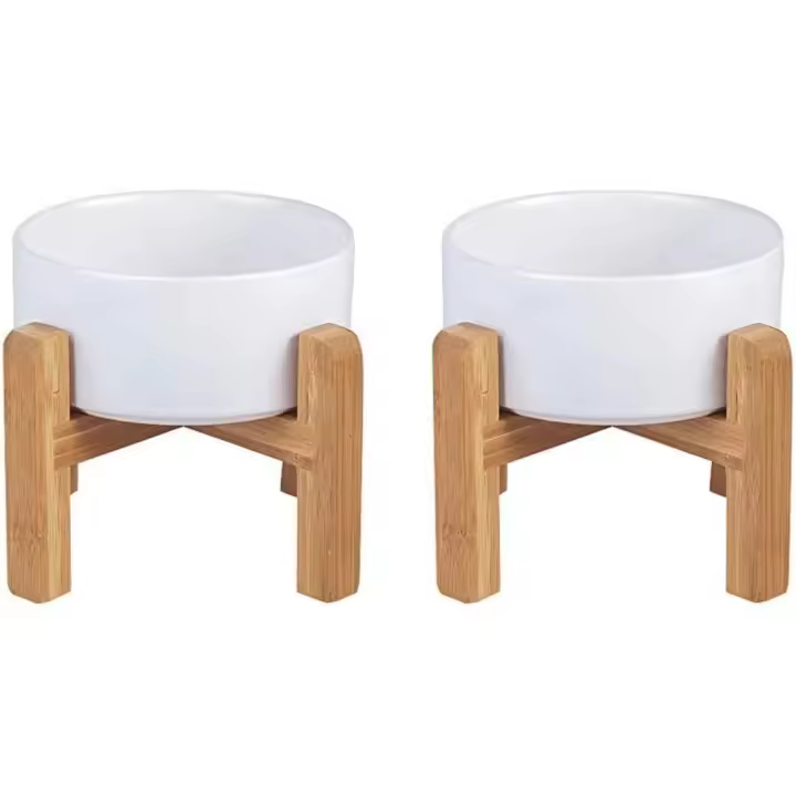 Cuencos elevados de cerámica para Perros, tamaño Mediano, Juego de 2, Soporte de Madera Antideslizante, antivómitos, 850 ml, Color Blanco - 1