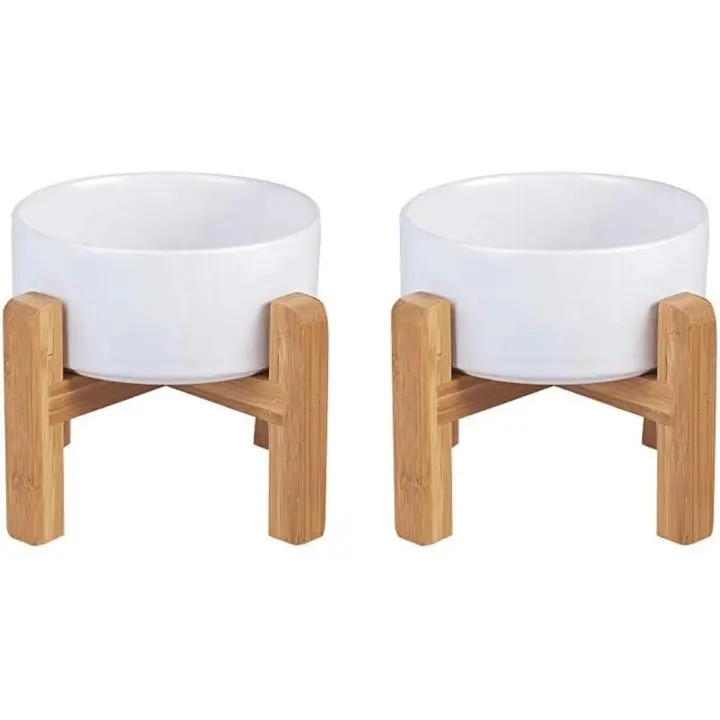 Cuencos elevados de cerámica para Perros, tamaño Mediano, Juego de 2, Soporte de Madera Antideslizante, antivómitos, 850 ml, Color Blanco - 1
