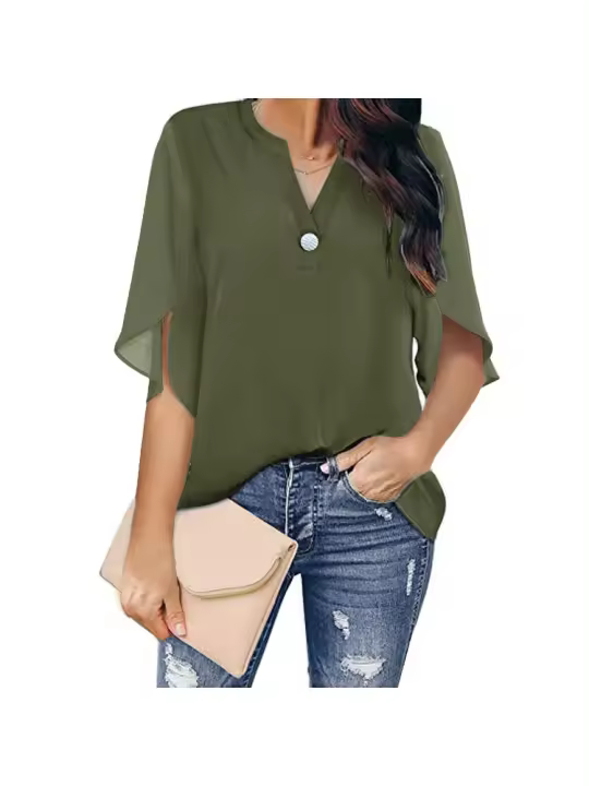 Blusa de verano para mujer, camisa de manga corta con cuello en v, ligera, acampanada, elegante, 3/4 - 1