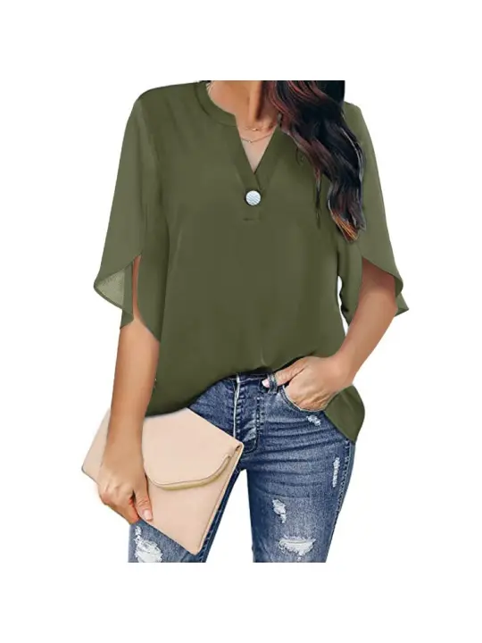 Blusa de verano para mujer, camisa de manga corta con cuello en v, ligera, acampanada, elegante, 3/4 - 1