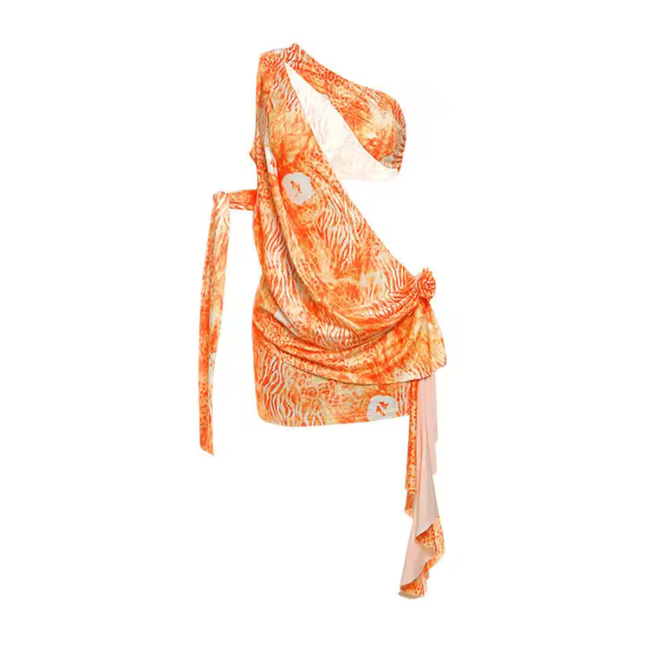 Viento 2025 Primavera/novedad de verano moda mujer Sexy hombro inclinado ahueca hacia fuera el Color contrastante impreso hacia afuera mochila vestido a la cadera - 1