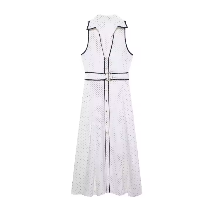 TRAFZA-vestido camisero Retro decorativo para mujer, elegante, de lunares, a la moda, sin mangas, con solapa, de un solo pecho, con cinturón, línea brillante - 1