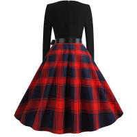 Women plaid print long sleeve vintage a line party dress v neck - details 21