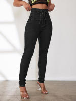 Cintura alta pies pequeños mujer cintura elástica elástico ajuste de cadera pantalones sexy con cordones pies pequeños jeans - details 7